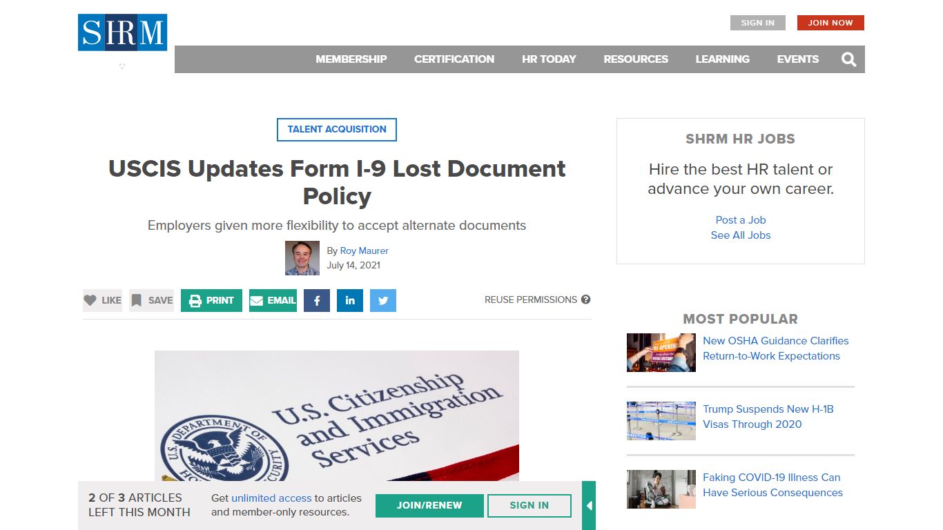 USCIS Updates Form I-9 Lost Document Policy - SHRM